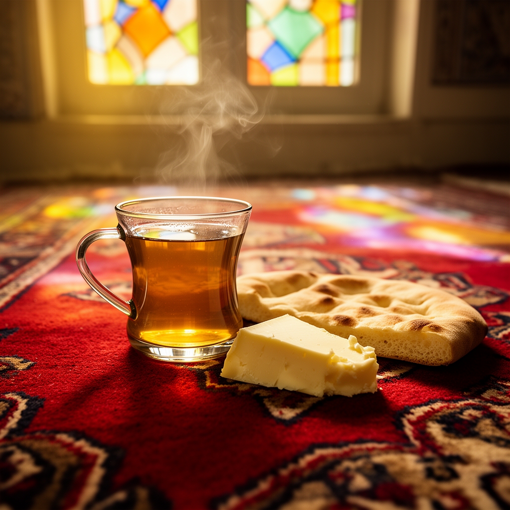 یک استکان چای کمر باریک روی فرش لاکی ایرانی، بخار داغ چای، نان سنگک تازه و پنیر کنار آن، نور ملایم صبح که از پنجره رنگی میتابد، حس نوستالژیک.4