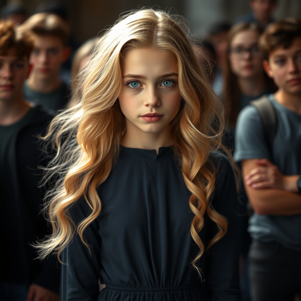 دختری نوجوان زیبا کمی مرموز با موهای بلند حالت دار زرد براق با چشمانی ابی که مردمش دریا باشد با پوستی سفید همرنگ برف گونه قرمز لب های سرخ ویس لباس معمولی مانند بقیه و چند پسر نوجوان وچند دختر نوجوان محوه زیبایی او شده بودند18