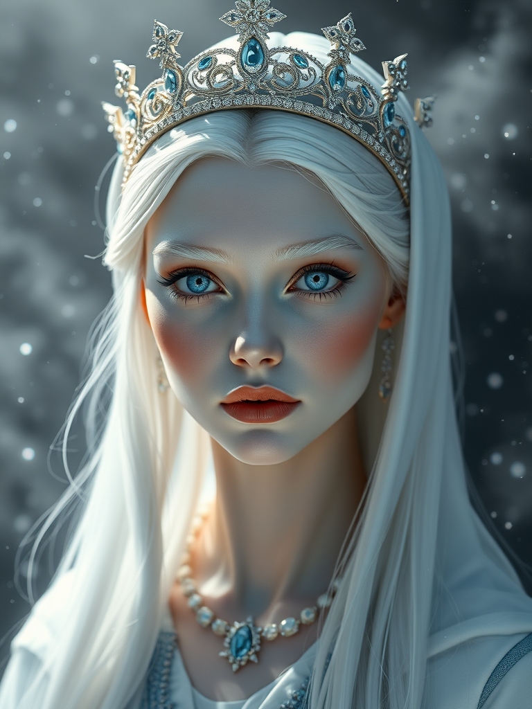 یه زن زال ۲۵ساله ی زیبای زال با پوست سفید موهای بلند سفید ابروهای سفید چشمهای زیبای ابی درخشان که با قدرت نگاه میکند مژه های بلند آبی لبهای برجسته و گوشتی زیبای صورتی شاین یک تاج زیبا از عاج و الماس پیراهن بلند حریر به رنگ سفید با حاشیه های آبی یخی، در مکانی بسیار رویایی و زیبا،مه خاکستری تیره رنگ شاین و نورانی پر از غبار کهکشانی سیاه شاین مثل مه در فضا شناور است، اتمسفر اطراف زن مه الود با نقطه های درخشان در همه جا،فضا  انتزاعی باشد 22