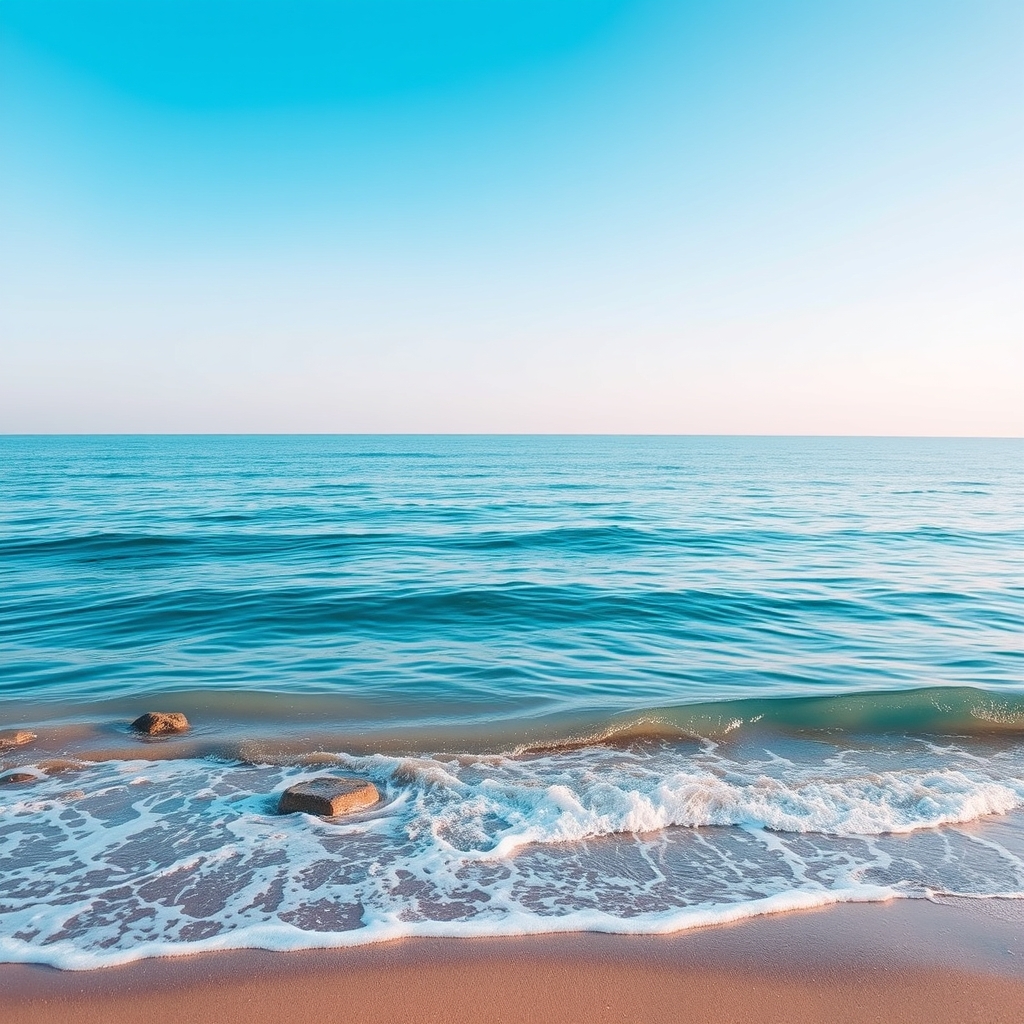 دریای آبی آرام با کمی موج بر ساحل شنی0