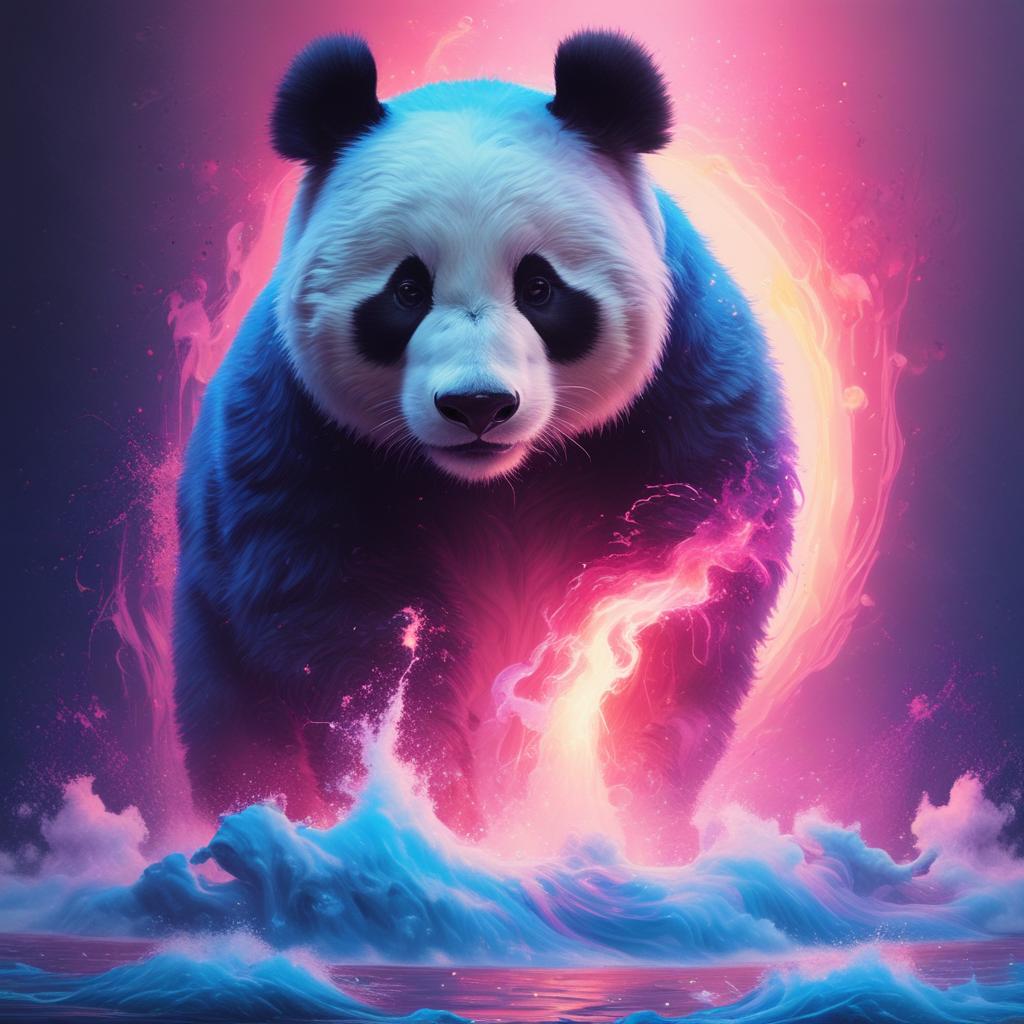 صحنه ای گیرا با بارانی از آتش آبی برقی و گردابی از آب صورتی ملایم، با شبح یک پاندا در وسط که ظاهری واقعی و پویا را به نمایش می گذارد.17