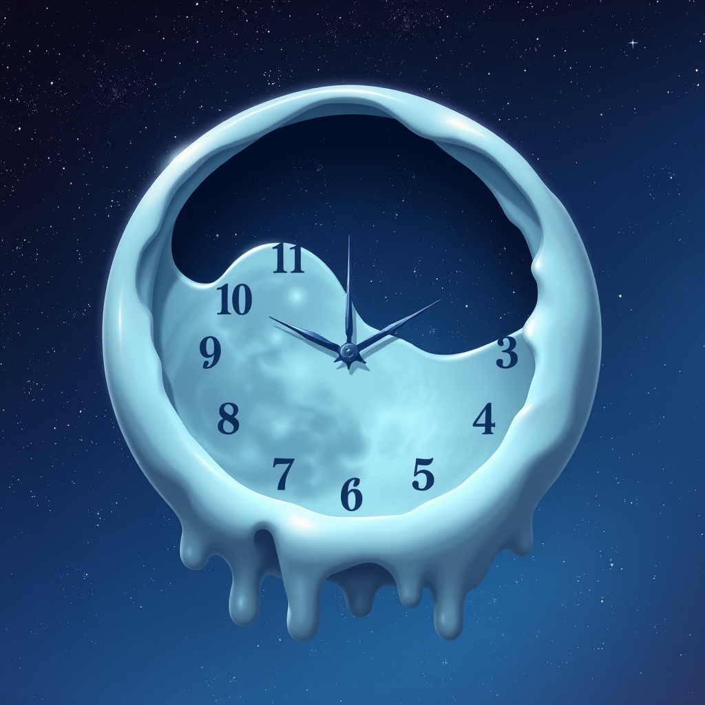 A surreal clock in the shape of a melted moon floating in a starry sky💫🌙18