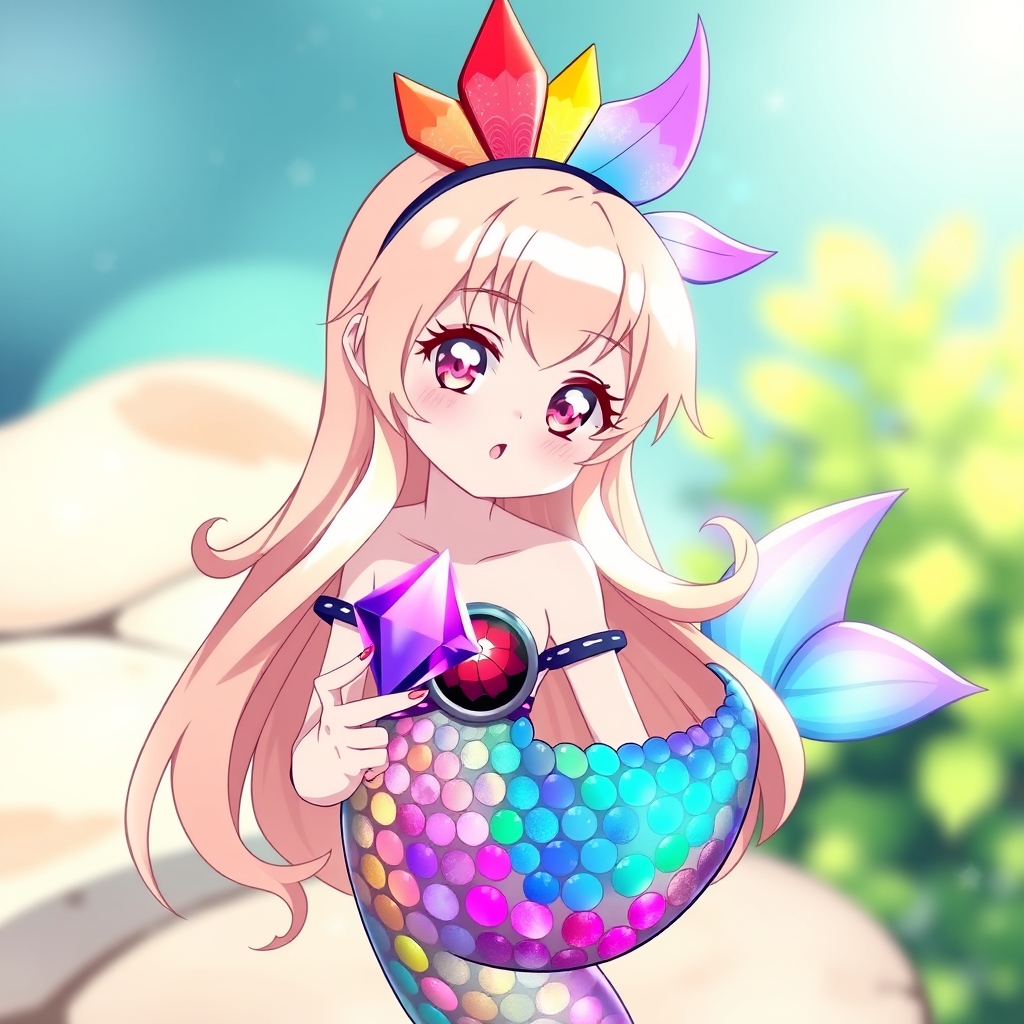 پری دریایی انیمه ای و بالا سرش شاخ رنگارنگ دارد
در دستش الماس بنفش وجود دارد و رنگ دمش هفت رنگ است و رنگ چشم هایش صورتی و رنگ مو هایش قلبهی و سفید است
10