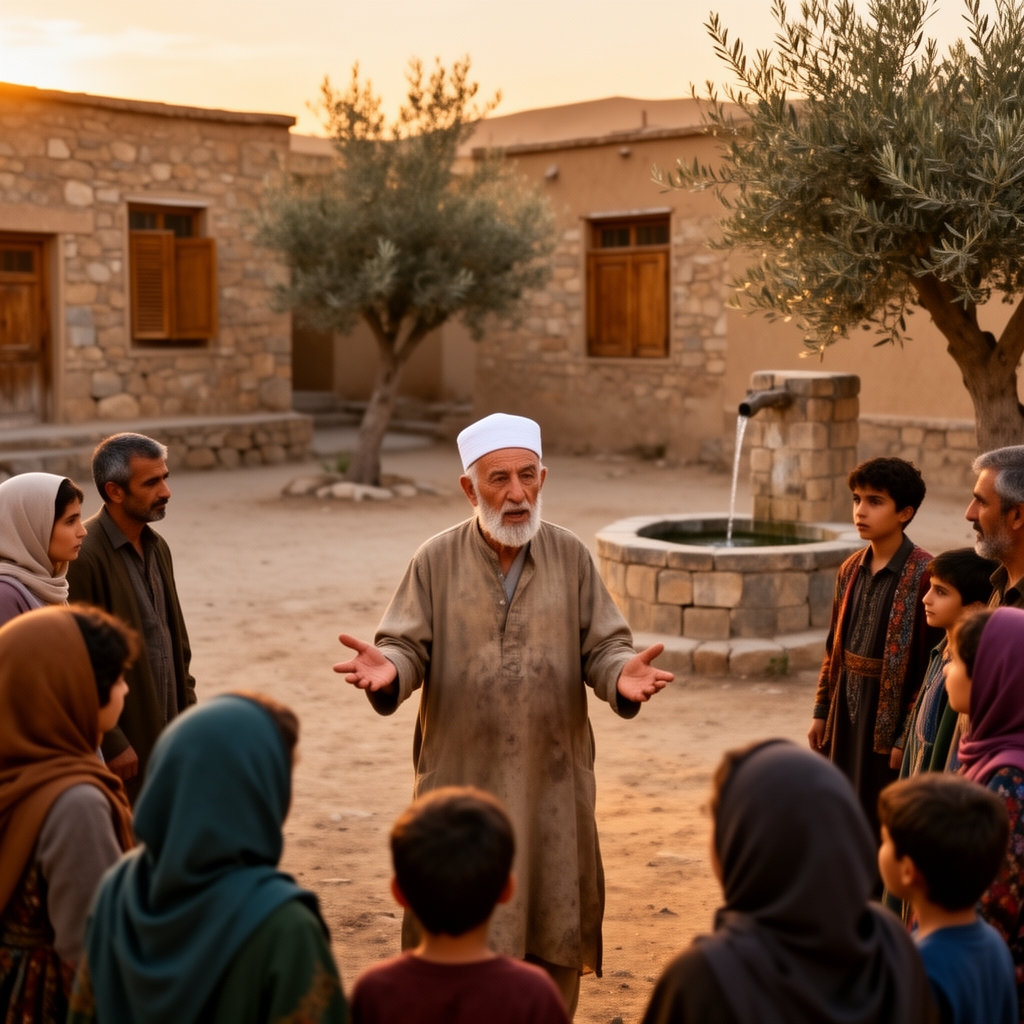 حاجی با کلاه سفید در حال سوال پرسیدن از مردم ده 0