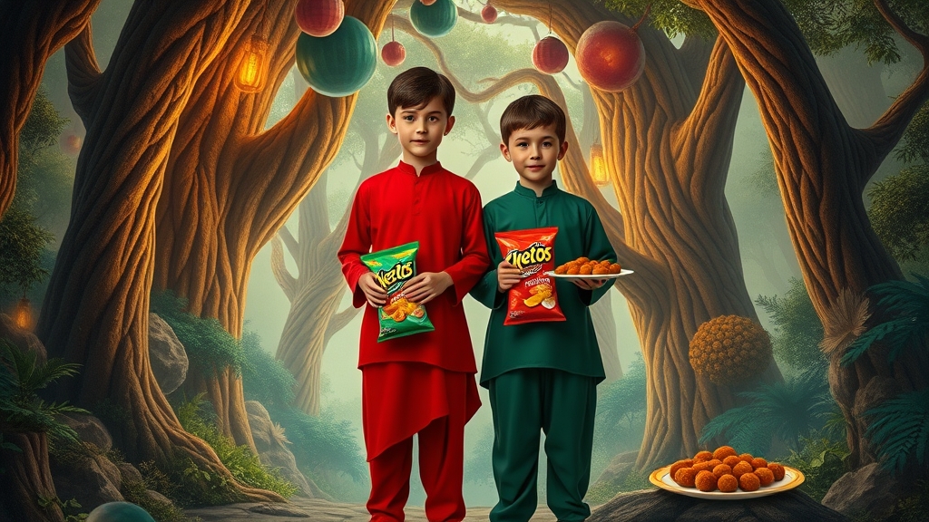 دو پسر جلو دوربین که یکی لباس قرمز و سبز دارن و پشت آنها جنگل است و دست هردو خوراکی های زیاد است مثل چیپس با اسم چیتوز و فلافل است21