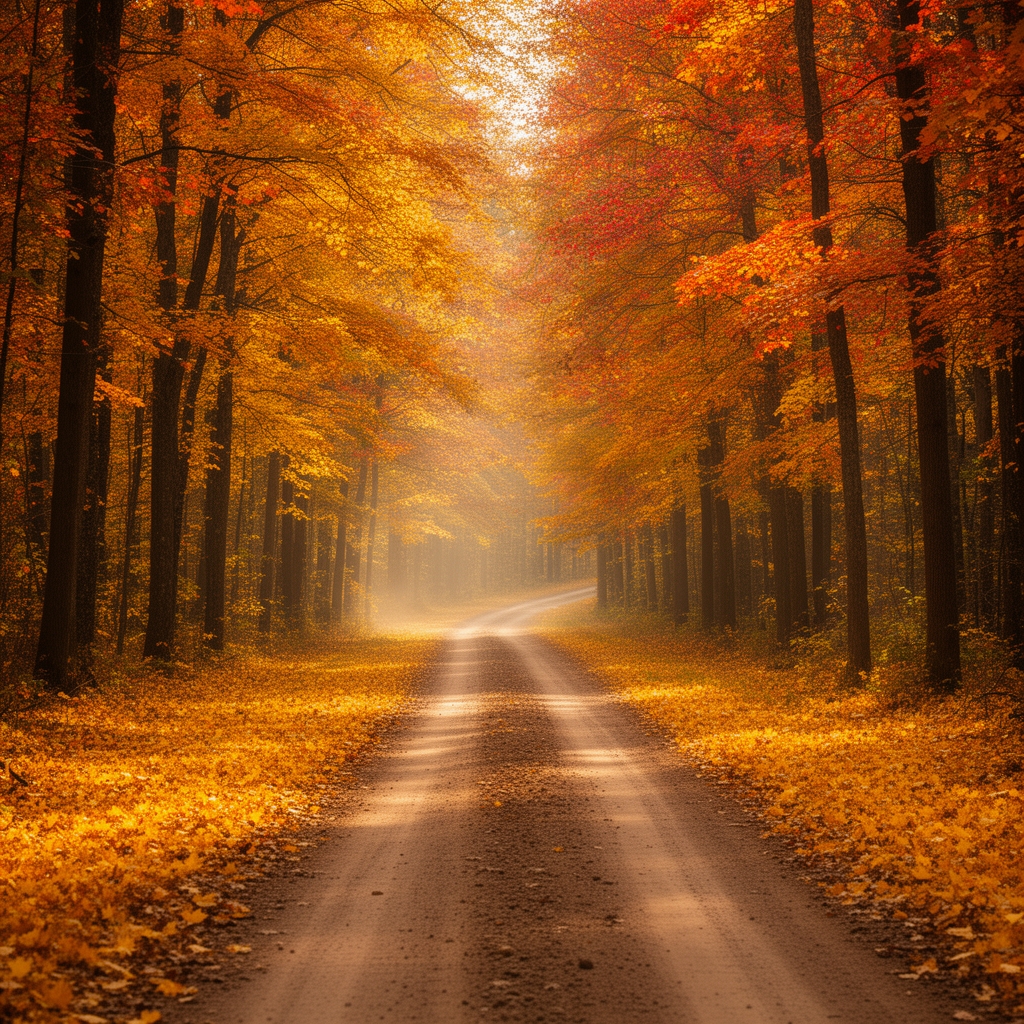 یک جاده ای خاکی که اطراف آن پر از درختان پاییزی است و زمین پوشیده شده است از برگ های زرد و نارنجی 4