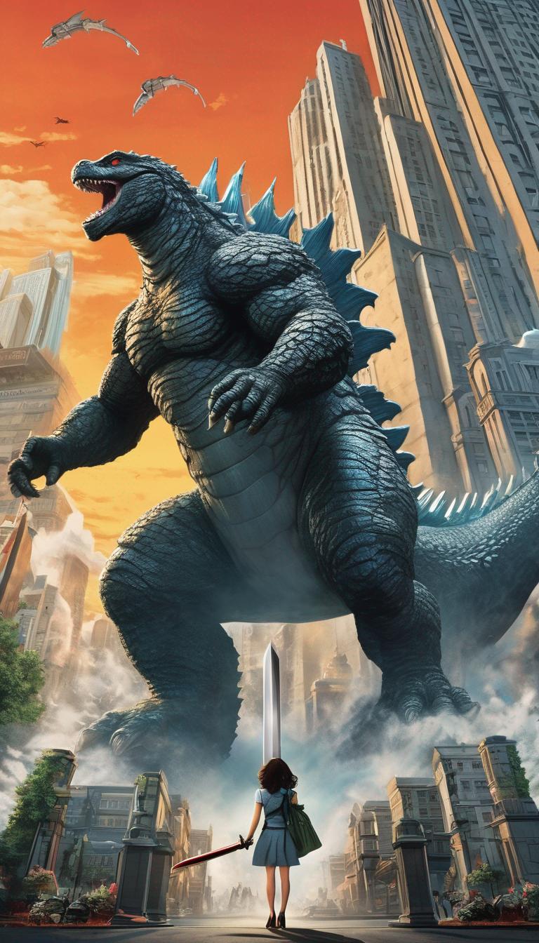 گودزیلا به شهر حمله کرده است، مردم در حال فرار و دختري زیبا با کفش پاشنه بلند تابستانه با شمشیری بزرگ جلوی گودزیلا ایستاده است. 18