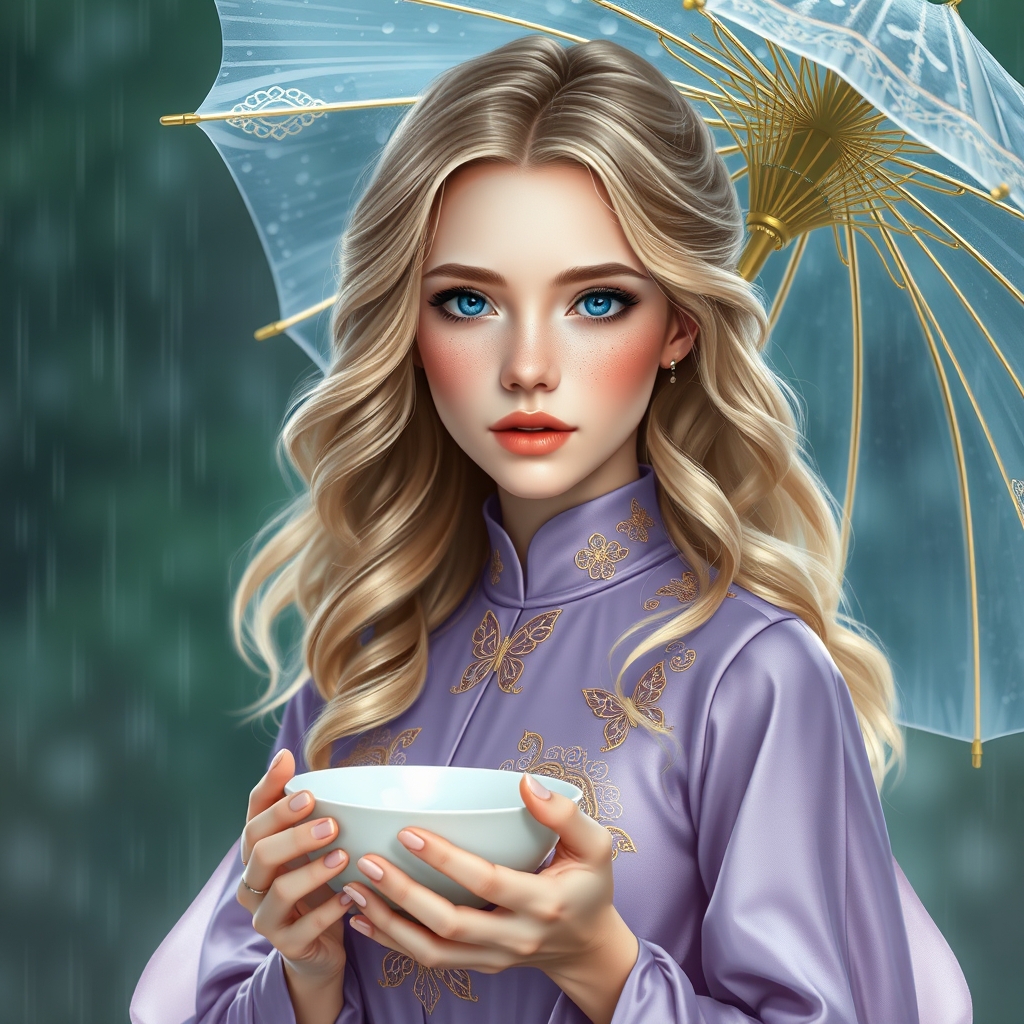 زیباترین زن جوان حتی در رویایی که شکوه خدا را داشته باشد که با چشمانی کریستالی آبی رنگ که در مردمکش زیباترین دریا باشد که با پوست سفید همرنگ برف و با گونه های قرمز و لبانی سرخ و با موهای طلایی رنگ حالت دار موج دار براق که زیباترین پیراهن تور توری که  بنفش اکلیری رویایی که زیباترین پروانه رویایی طلایی برویش حکاکی شده باشد برتن داشته باشد که با گوشواره های زیبا که چتر شیشه ای در دست و باران هم درحال امدن5