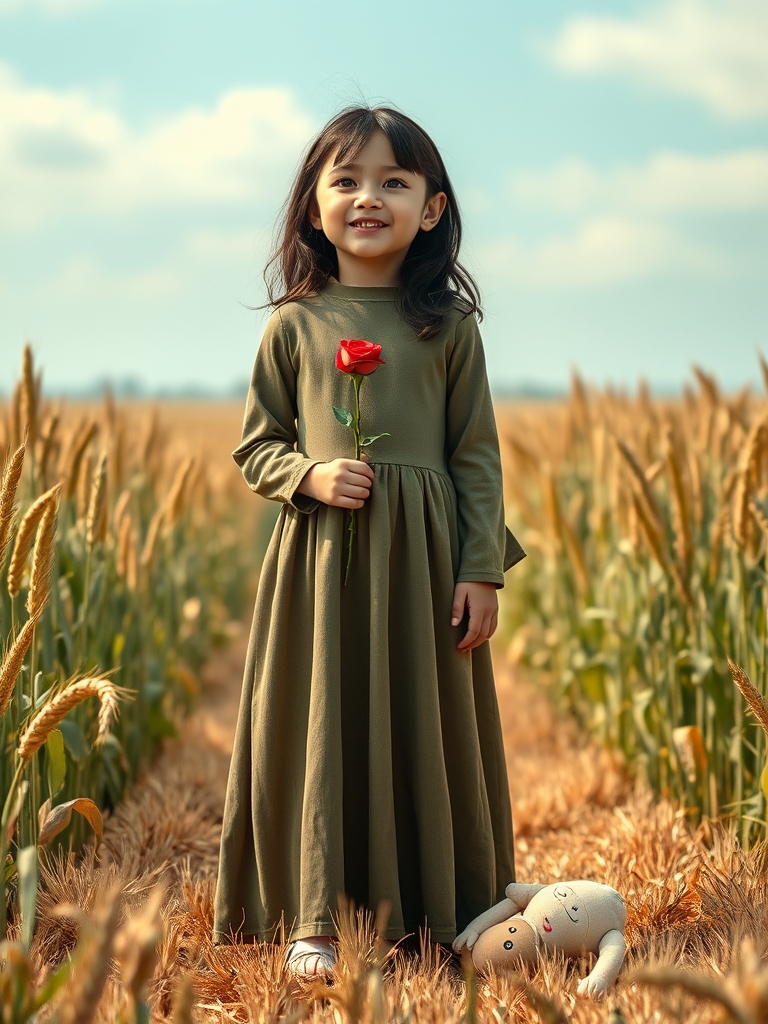 دختری کوچک با چشمان عسلی و موهای مشکی با گل رز در دست و عروسکی پاره در زمین افتاده در وسط گندمزار هستند و به آسمان لبخند میزنند 17