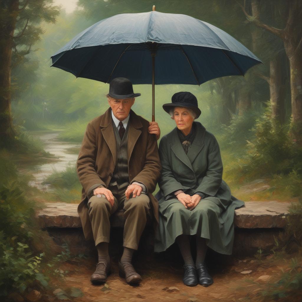 زوج مسن در طبیعت با چتر روی سر
6