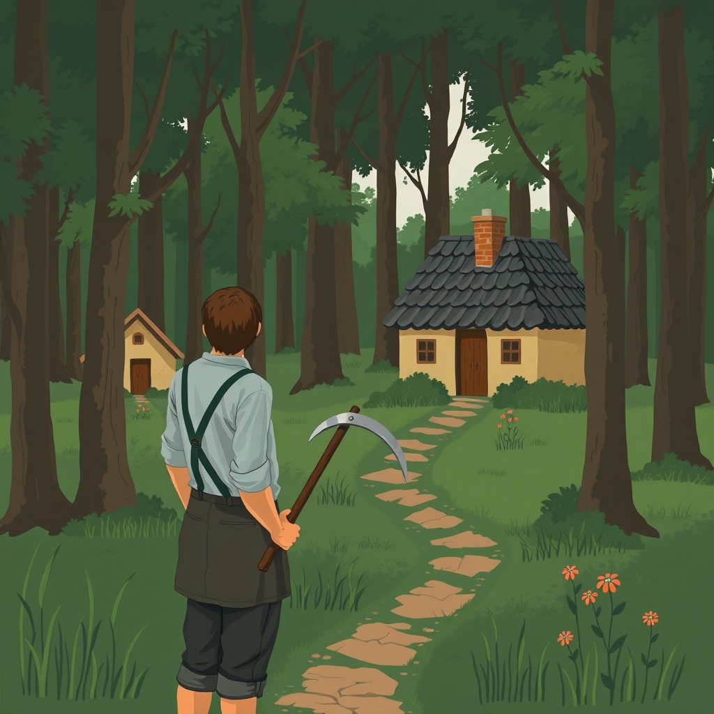 کوبیسم ساده از کلبه های کوچک در جنگل من هم داس در دست به کلبه نگاه کیکنم7