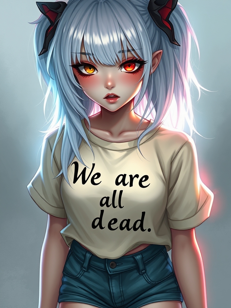  دختری با موهای سفید چشم هایی به رنگ  قرمز و زرد  و چشماش  خط چشم دارد 
 لباس این دختر  به رنگ شیری است و با مشکی بر روی لباسش نوشته شده است 
  همه ما مرده ایم به انگلیسی  و این دختر شلوارش کوتاه هست و جین هم هست 
1