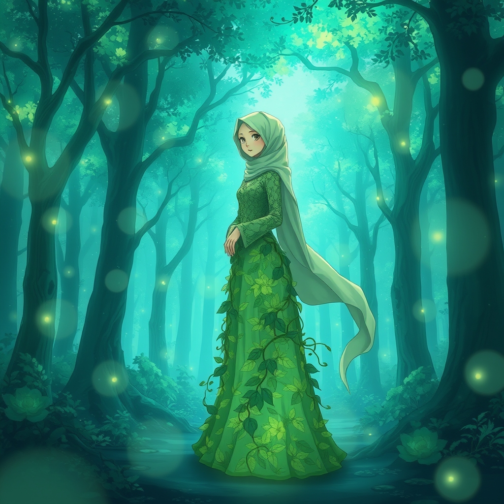 یک جنگل اسرارآمیز با درختانی از جنس نور، که با سایههای سبز و آبی به نرمی میدرخشند با دختری که مثل طبیعت هست
13