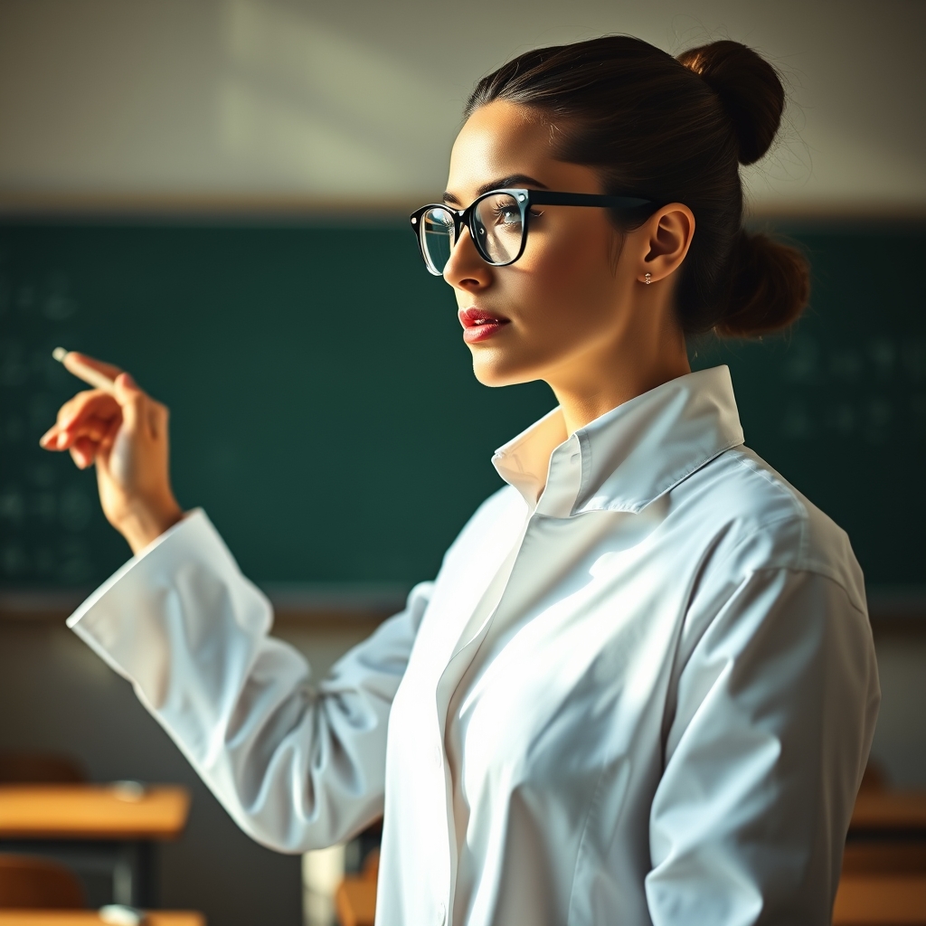 معلمی زیبا با لبان قرمز چشمان سرمه ای و مه های چتری واز پشت بسته با عینکی کله غازی لباسی سفید و جلو باز ، به کلاس نگاه میکند و مسئله جبری را که روی تخته گچی نوشته با چوب توضیح میدهد3