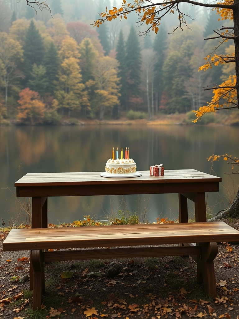 یه تصویر از یه میز و‌ نیمکت چوبی کنار دریاچه وسط جنگل ، با درختای پاییزی ، روی میز هم یه کیک تولد و چندتا کادوی کوچیک و شمع هست . سبک چیدمان بوهو باشه 5