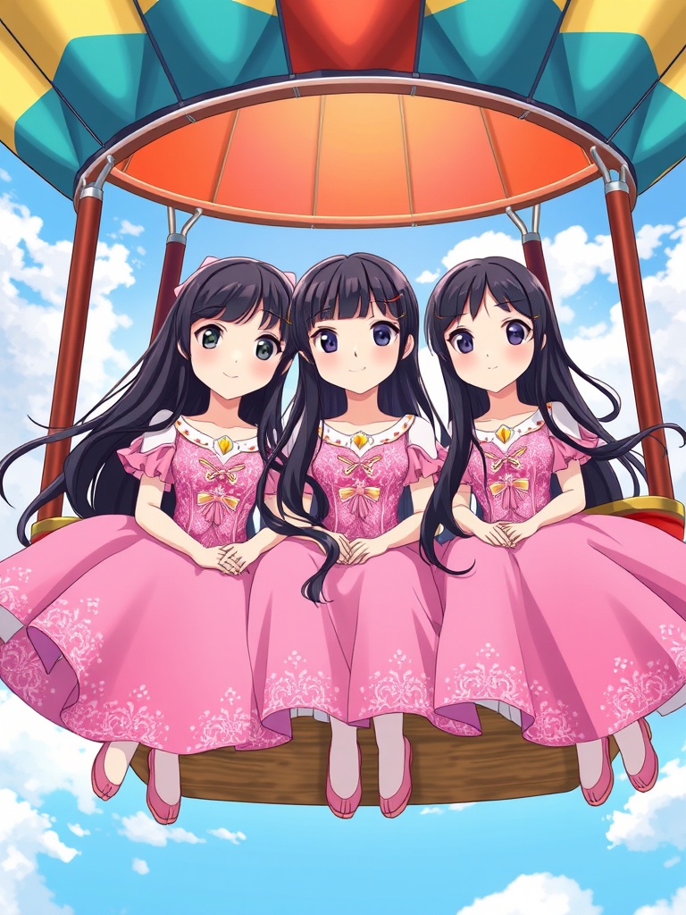 ستین و سوین و سلین که سه خواهر سه قلو هستند و لباس هر سه تاشون صورتی و اکلیلی و دامن دار مانند پرنسس ها است و ۱۵ ساله هستند و مو های خیلی بلند و مشکی دارند و لبخندی ملایم و لب های سرخ دارند و هر سه تاشون سوار یک بالن رنگارنگ هستند و بالن آنها در آسمان است16