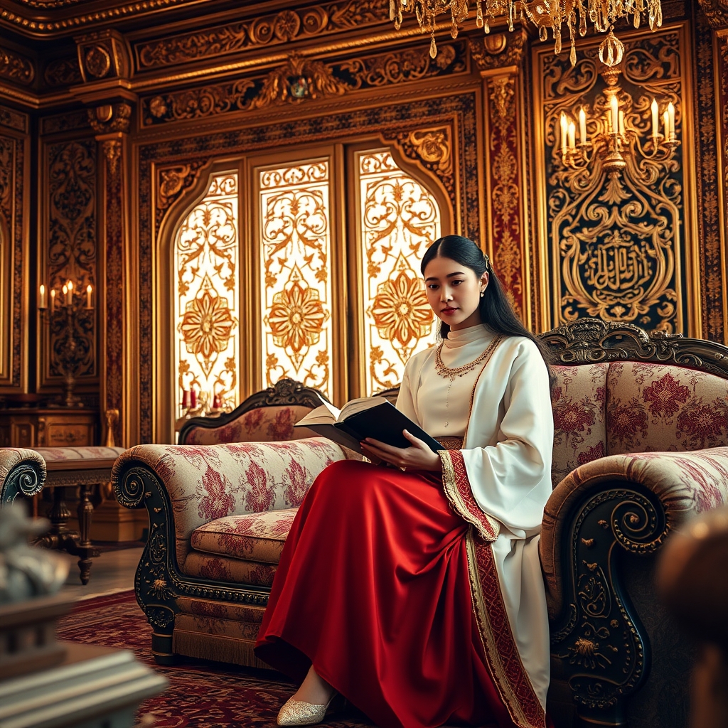 یک اتاق به سبک ایرانی و سنتی که از طلا و جواهر ساخته شده است و در آن مبل های سلتنطی وجود دارد که بر روی یکی از مبل ها دختر سفید پوست و جوان با لباس های قدیمی و سفید و قرمز نشسته است و یک کتاب در دست خود گرفته5
