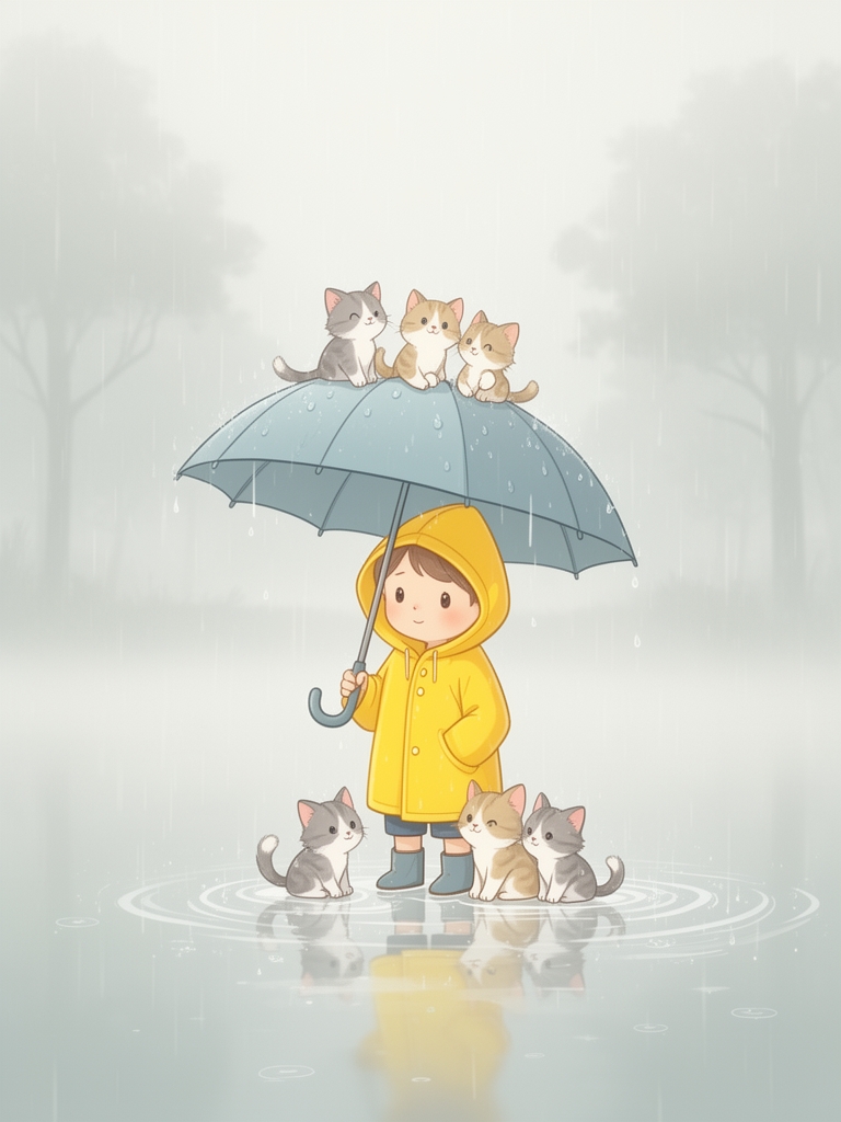 تصویری در سبک کارتونی شاعرانه با رنگ‌های لطیف و فضای بارانی؛ شخصیت کودکانه‌ای با لباس بارانی در حال تعامل با چند گربه‌ی کوچک، در محیطی آرام و خیال‌انگیز. گربه‌ها روی چتر و کنار پای کودک نشسته‌اند، با انعکاس‌هایی در آب و حس بازیگوشی و هم‌دلی. ترکیب عناصر طبیعت، باران، و حیوانات خانگی با تأکید بر آرامش، تنهایی دل‌نشین، و ارتباط عاطفی با محیط. فضای کلی باید حس لطافت، امنیت، و خیال‌پردازی کودکانه رو منتقل کنه. خیلی مینیمال باشه 2