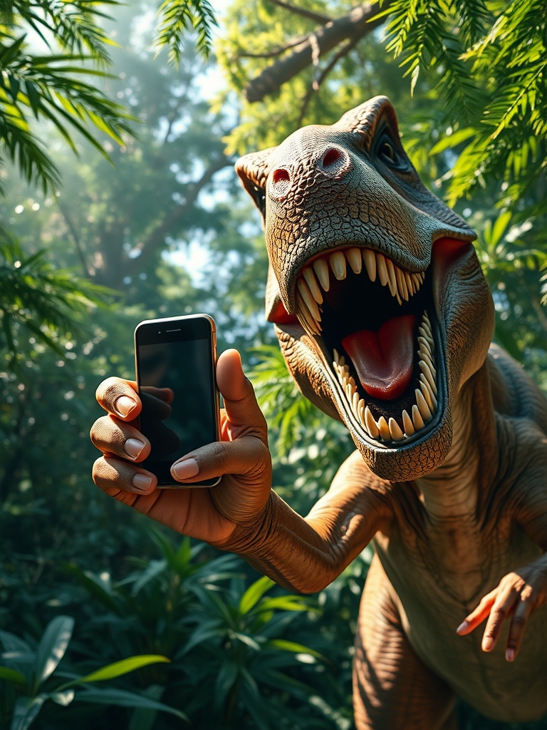 یک دایناسور تی‌رکس که سعی دارد با دست‌های کوتاهش سلفی بگیرد، زاویه دوربین کج و بامزه، دهان باز و خندان، پس‌زمینه جنگل ژوراسیک.3