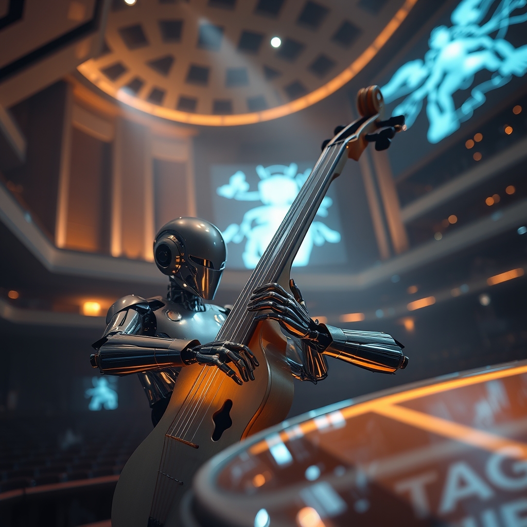 یک ساز موسیقی آینده‌نگر با رشته‌های هولوگرافیک درخشان، در حال نواختن توسط یک ربات.8