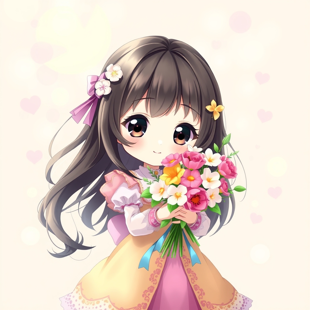یک دختر ناز و زیبای کوچولو با چشم مشکی که زیباست به همراه مو های بلند مشکی و زیبا یک دسته گل زیبا در دست دارد با لباس بهشتی زیبا خوشحال است14