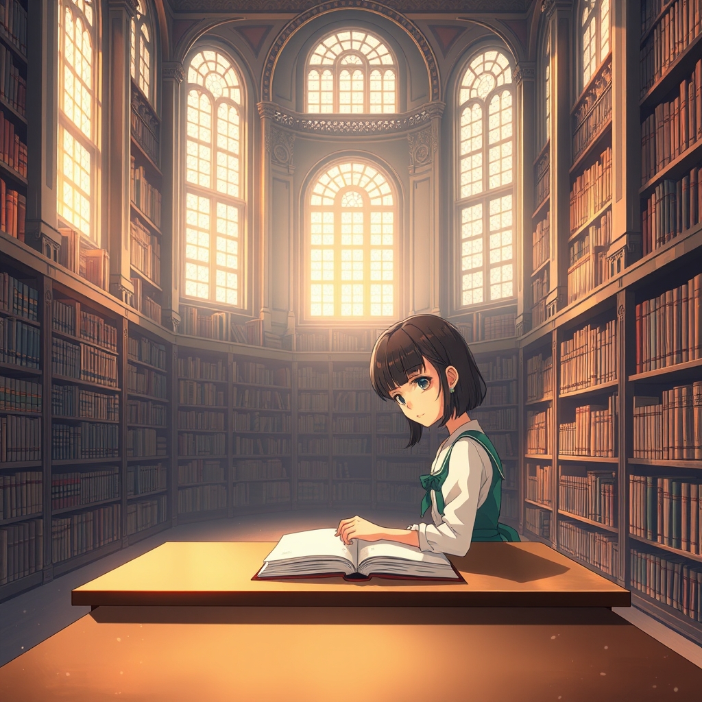 یک دختر داخل کتابخانه در حال کتاب خواندن11