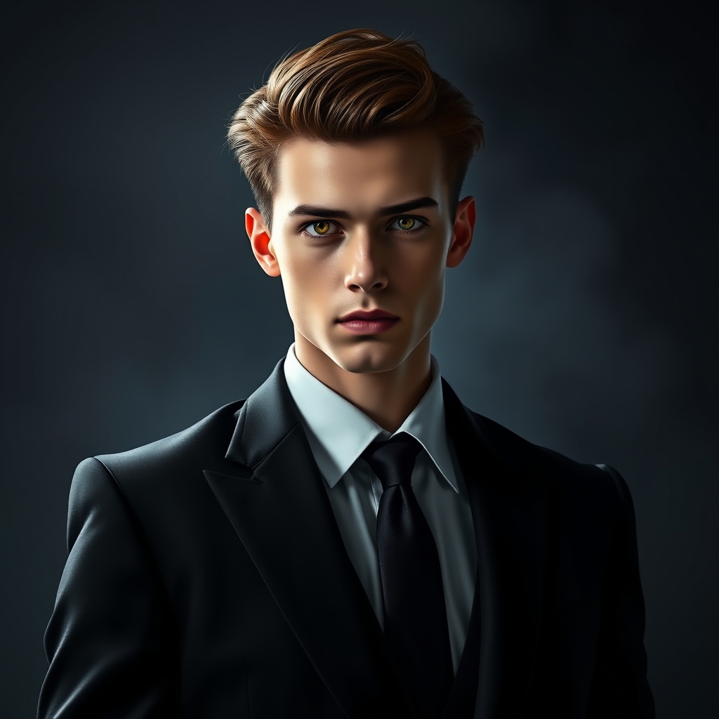 یک جوان نابغه سیگما با کت و شلوار سیاه در پس زمینه تاریک و مه آلود و چشمانی درخشان ، جلوه ای از شکوه و عظمت 18