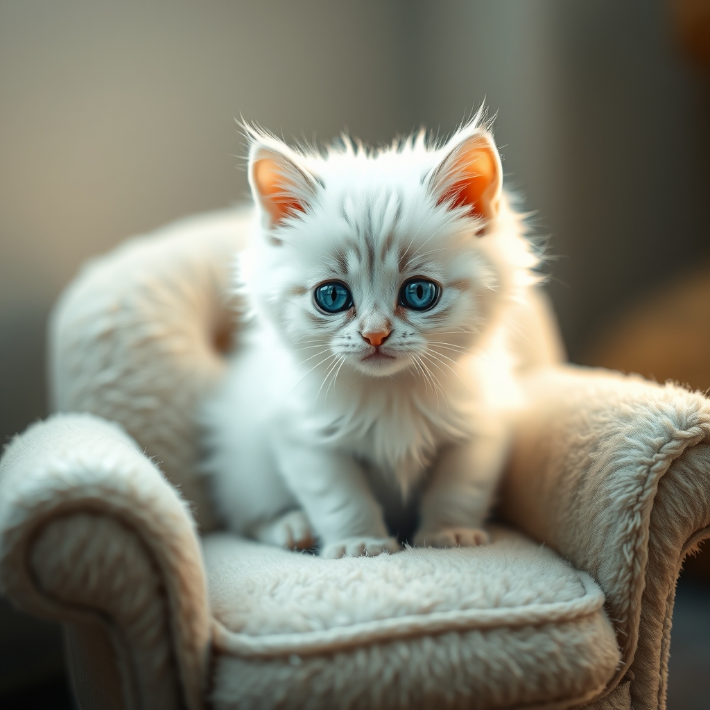 یک گربه ی سفید که چشمش آبی هست و روی مبل کوچک‌‌ پشمی اش نشسته است و کوچک است1