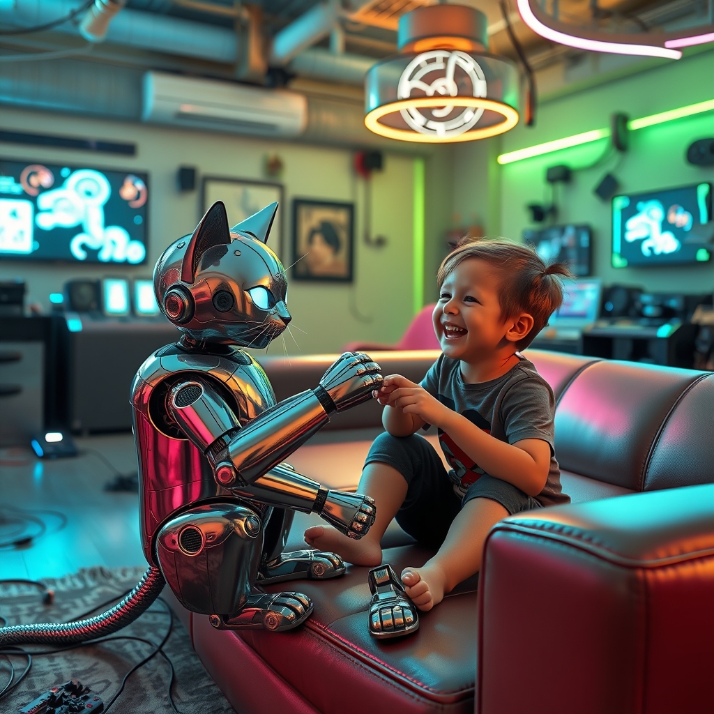 یک گربه ربات بازیگوش با خز فلزی براق، در حال تعامل با یک کودک در یک اتاق نشیمن آینده‌نگر.20