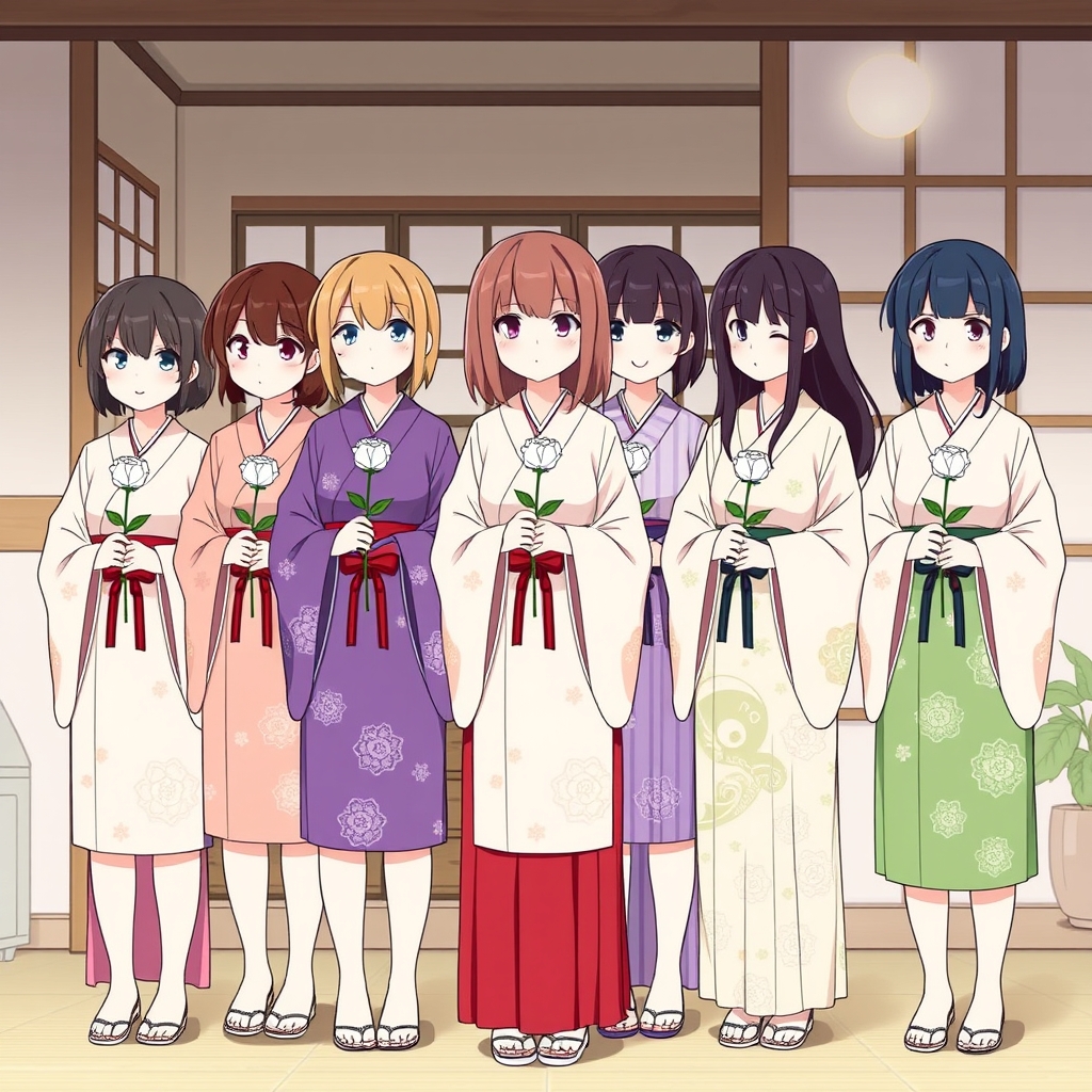 ۶ تا دختر انیمه ای که همه آنها لباس های یاسی دارند و همه آنها یک گل رز سفید در دست دارند و جلوی در خانه شأن هستند 8