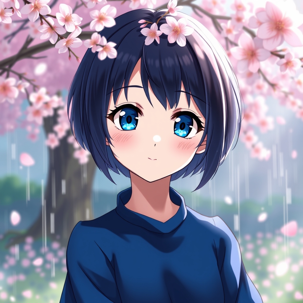 دختری زیبا با لباسی به رنگ آبی پررنگ  که چشم هاش به آن رنگ است موهای کوتاهی دارد رژگونه دارد  یک گل بر روی موهایش گذاشته مدل لباسش مثل لباسای سیندرلاه است  که بهار است و از آسمان گل می بارد6