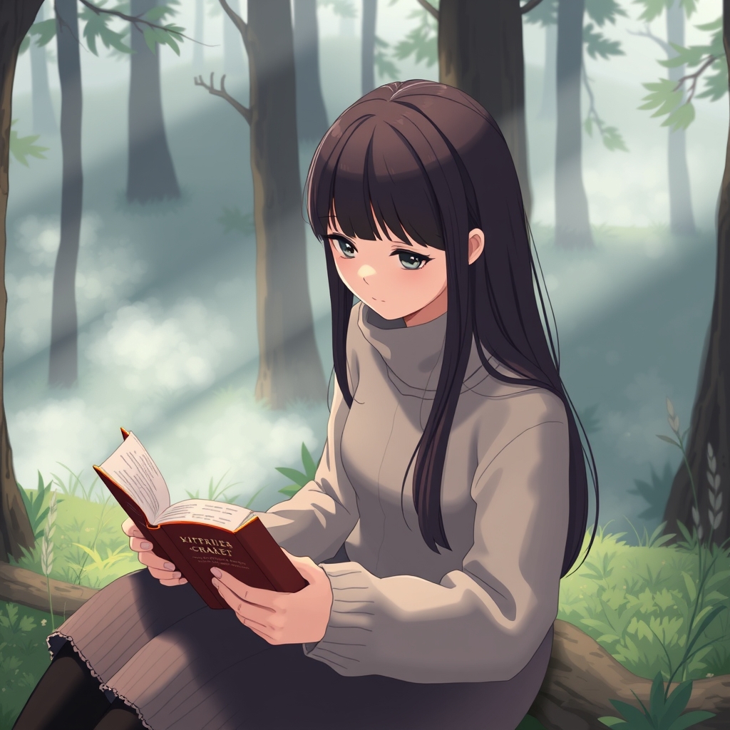 دختری که موهاش تا شونشه که داره کتاب میخونه با پس زمینه جنگل مه آلود1