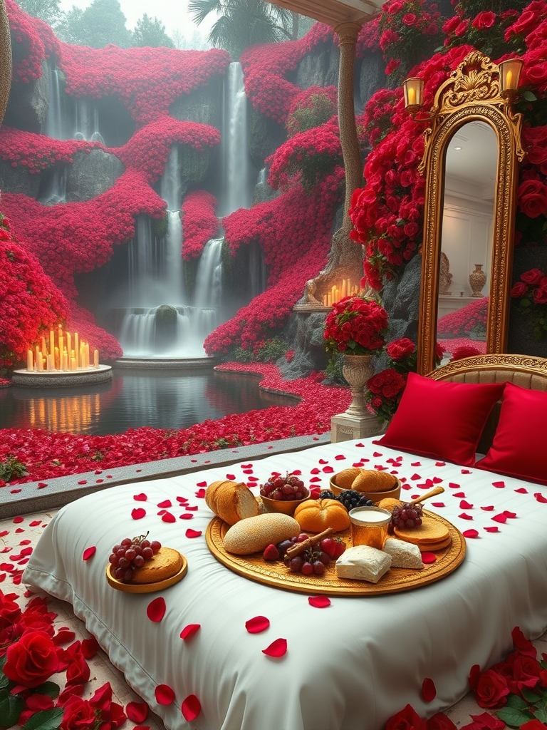 باغ بزرگ و افسانه ای پر گل سرخ
آبشارها از میان صخره های بلند کوهستانی پوشیده از گل سرخ به داخل برکه می ریزند 
 گوشه کنار هزاران شمع روشن ست
یک تشک گرم و نرم سفید با کوسن های قرمز پر شده با گلبرگ های سرخ دیده می شود
و سینی گرد و طلایی پر نان کره خامه عسل میوه و شیر و شیر برنج خوشه انگور سرخ سیاه زرد 
نزدیک تشک یک آینه تمام قد بلند از طلا ایستاده4