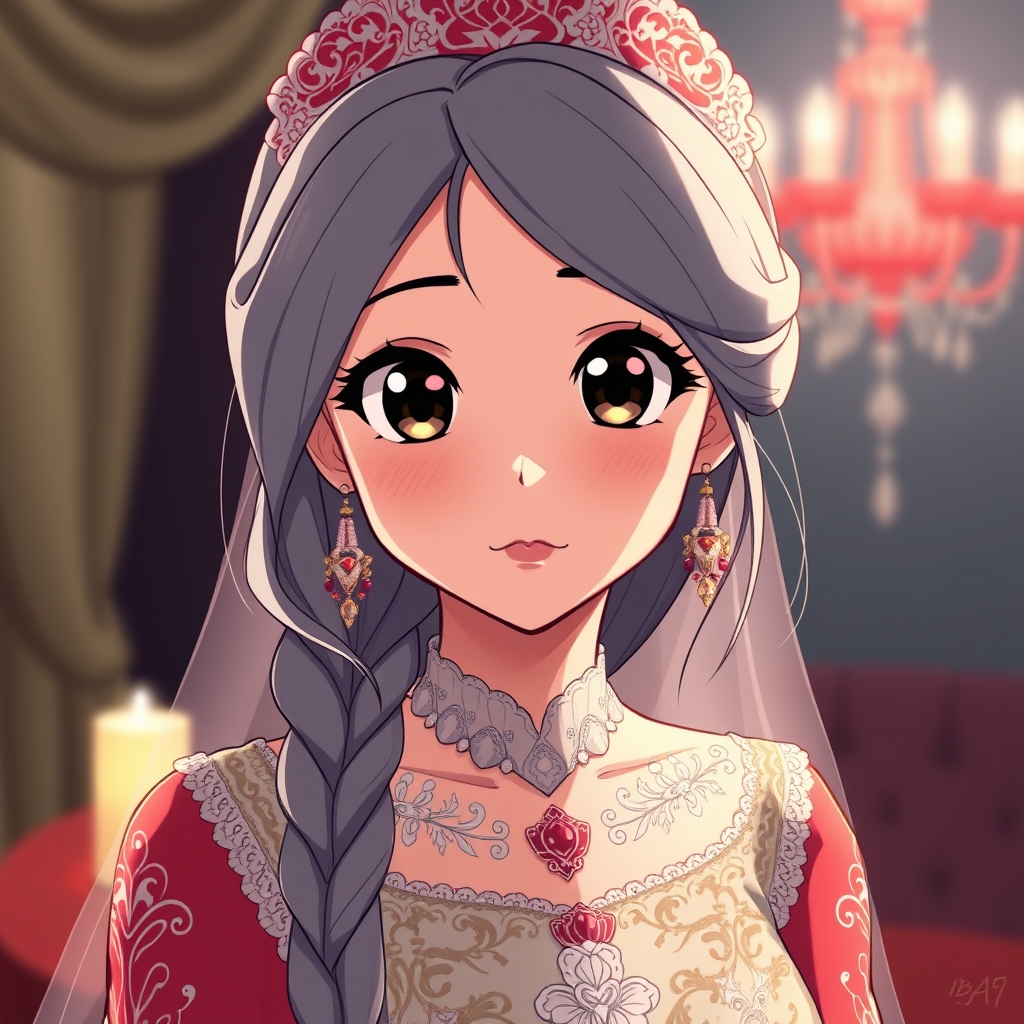 یک دختری باچشمایی درشت مشکی و موهای بلند خاکستری لب های گوشتی قرمز و گونه های صورتی که لباش عروس پوشیده و شب عروسیشه 5