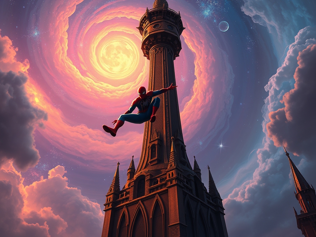 مرد انکبوتی در حال آویزان شدن از برج3