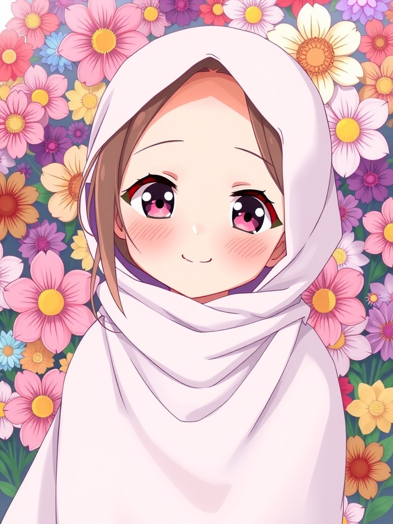 دختری با پوشش کامل که مو هاش معلوم نیست و چشم های صورتی و پوستی سفید داره و خوشحال است و پشتش گل های مختلف است 1