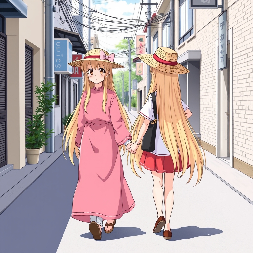 دو دختر که در خیابان با سبدی در دست راه میروند و یکیشان پیراهن خیلی بلندصورتی پوشیده است و موهای خیلی بلند زرد دارد و کلاه حصیری با یک پاپیون بر سر دارد و دیگری پیراهن کوتاه سفیدی پوشیده است و موهای خیلی بلند طلایی دارد و کلاه حصیری بر سر دارد انیمه ژاپنی 9