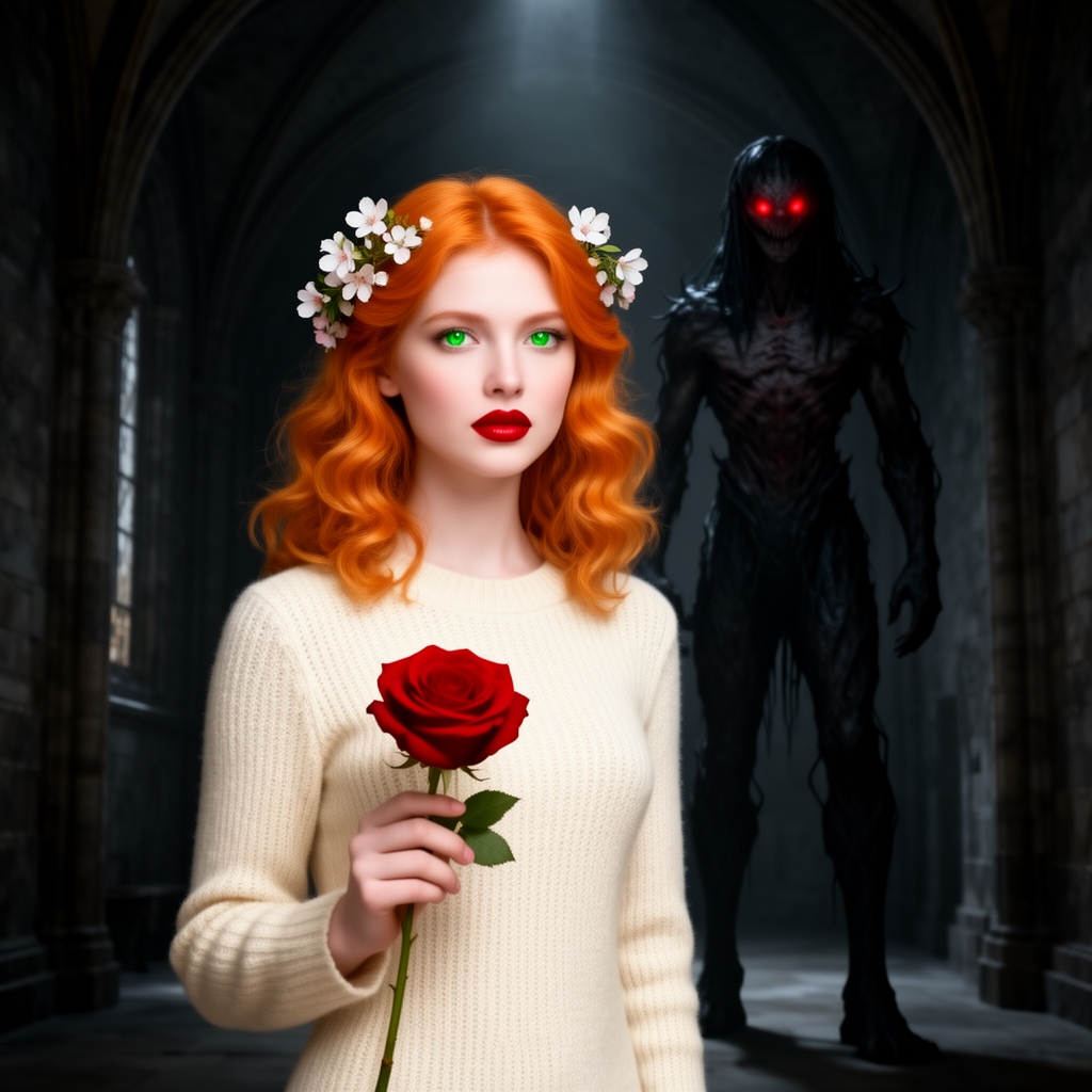 زیباترین زن جوان در جهان حتی در رویایی که شکوه خدا را داشته باشد که نظیر آن در دنیا نباشد و همه به او از شدت زیبایی به او سجده کند که با موهای نارنجی حالتدار نه چندان بلند و نه چندان کوتاه و با چشمان سبز کریستالی و با لبانی سرخ به رنگ یاقوت و با پوستی سفید به رنگ برف که با لباس بافتنی کرمی رنگ زیبایی باشد که لای موهایش شکوفه زیبایی باشد و در دستش گل رز قرمزی باشه و پشت سرش تالار تاریک و اسرارآمیز و پشت سرش مردهیولای مانندی با چشمانی سرخ و و با موهای مشکی رنگ با قامتی بلند0