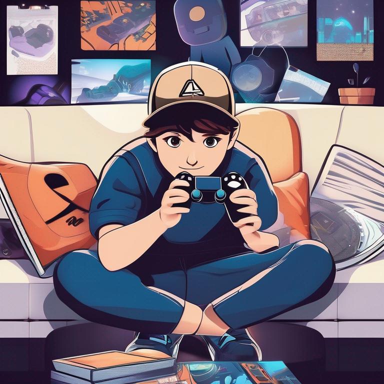 یک پسر گیمر که در دستانش دسته پلی استیشن ۵ است و پشت سرش عکس های بازی است و روی مبل نشسته15