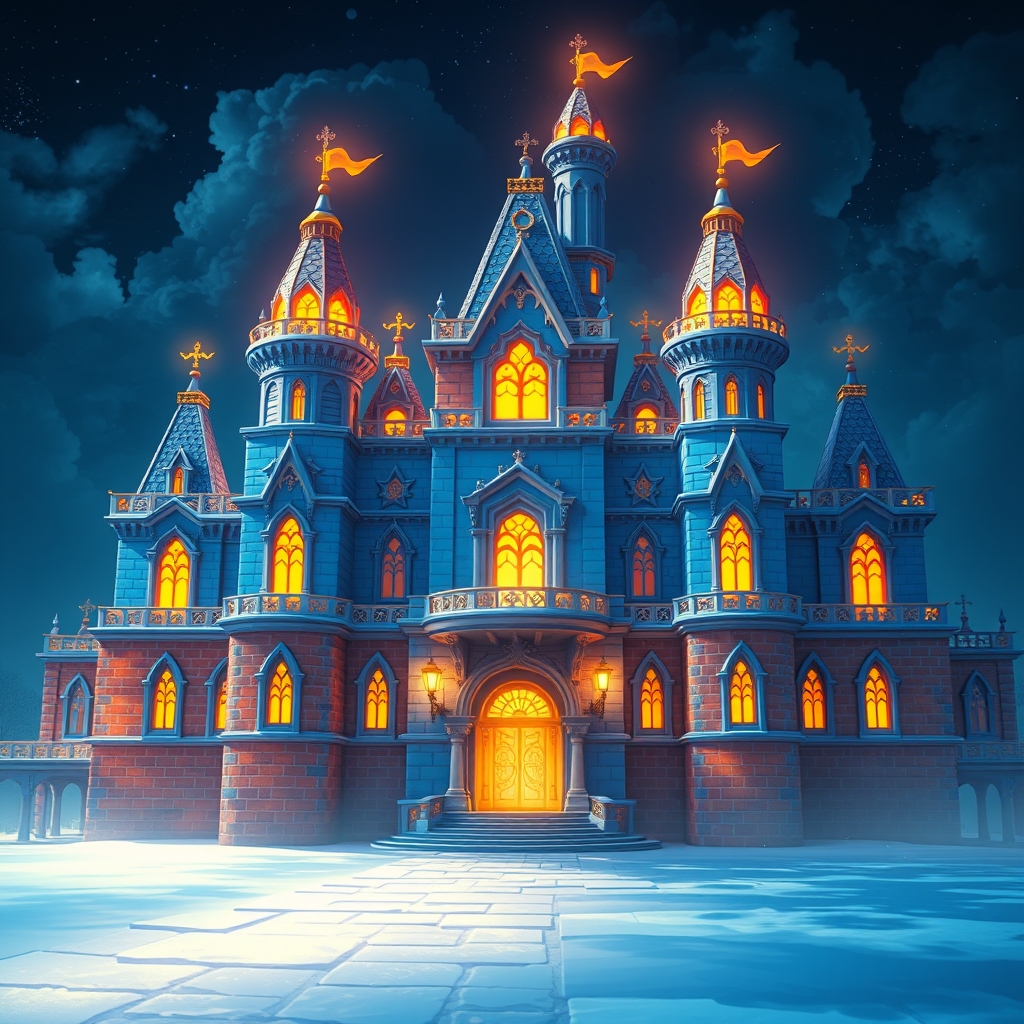 قصر زیبایی که آبی است و آجر قرمز نارنجی دارد و آنقدر نور آن قصر زیاد است از قصر نور زرد بزنه بیرون3