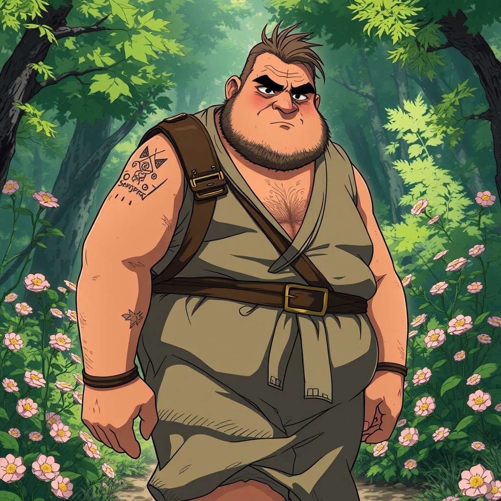 یک مرد چاق درشت اندام اخمو که روی صورت یک خال درشت دارد و یک لباس کهنه به تن کرده در جنگل سر سبز و پر گل در حال قدم زدن است 21