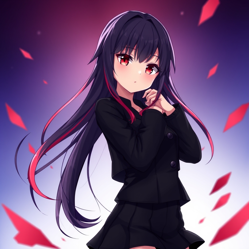 یه دختر با مو بلند مشکی که پایین مو هاش قرمز هستن . اون یه کت کوتاه مشکی با یه دامن کوتاه مشکی پوشیده و چشم های قرمز داره3