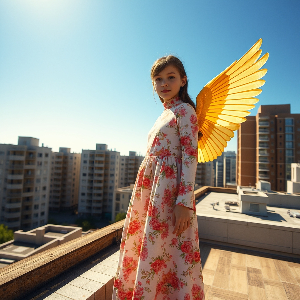  دختری زیبا با بال های طلایی روی آپارتمان های شهر وآسمان آبی 19