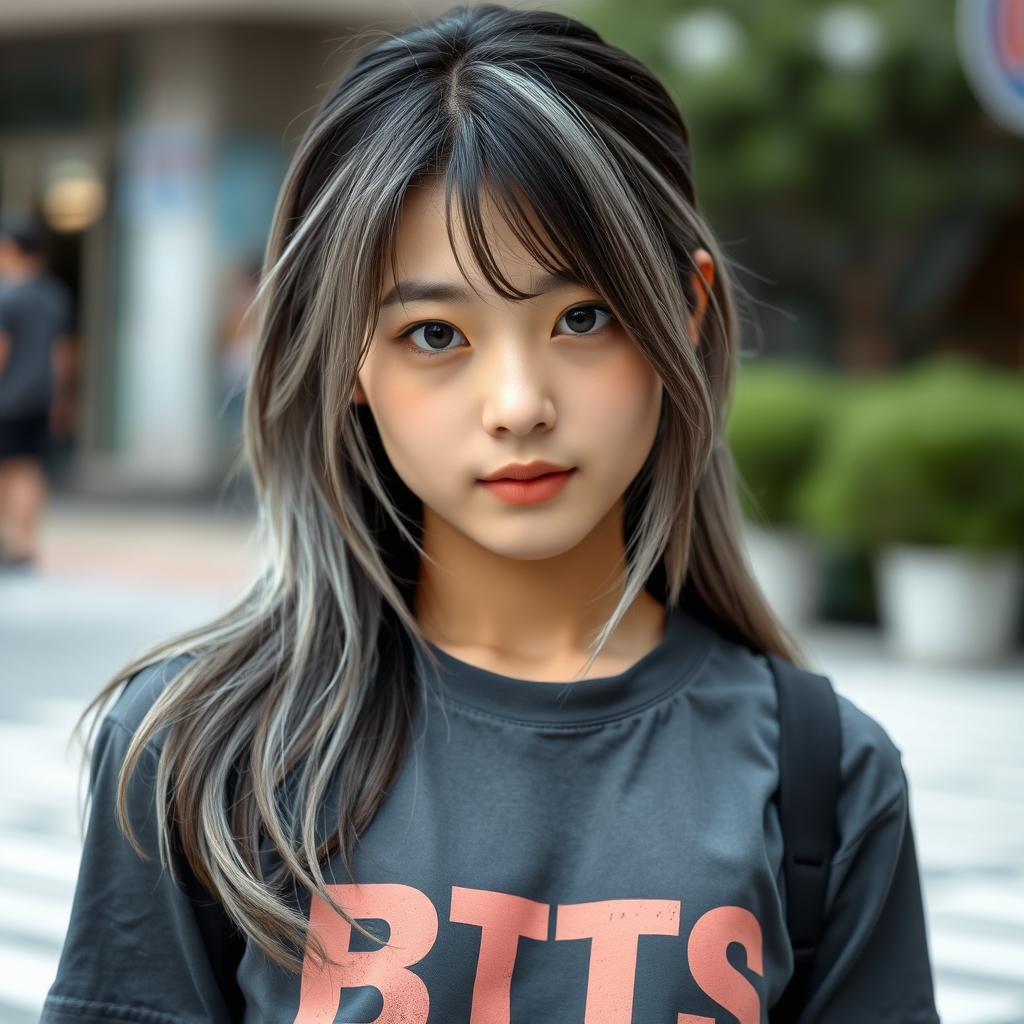 یک دختر ۱۸ ساله کره ای با مویی به رنگ طوسی و مشکی که یک تیشرت که روش نوشته BTS به تن دارد18