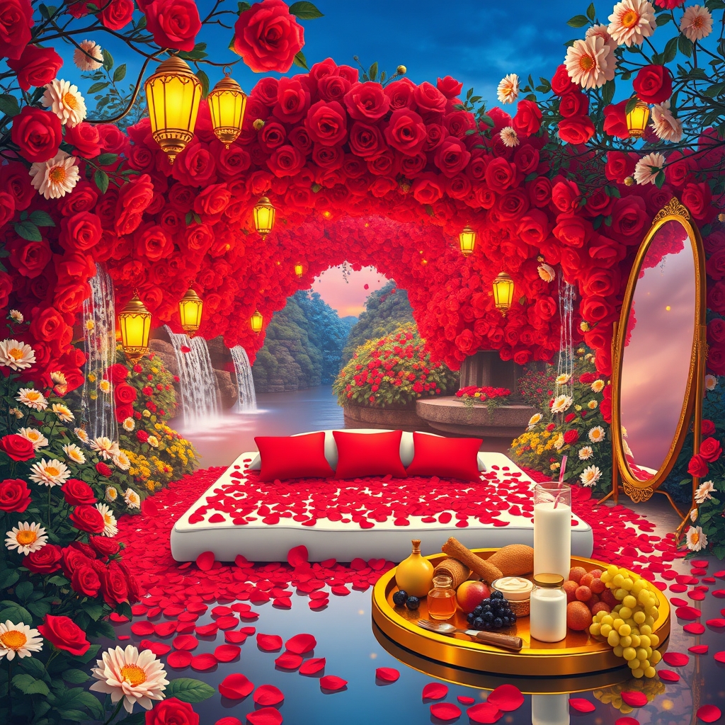 باغ بزرگ و افسانه ای پر گل سرخ لی لی یم زرد و سفید و اطلسی و شب بو
دورادور آبشارها روان به داخل برکه می ریزند وسط برکه زیر تونل افراشته از گل سرخ  و تونل روشن از هزان شمعدان طلا 
یک تشک گرم و نرم سفید با کوسن های قرمز پر شده با گلبرگ های سرخ دیده می شود
و سینی گرد و طلایی پر نان کره خامه عسل میوه و شیر و شیر برنج خوشه انگور سرخ سیاه زرد نزدیک تشک ست و
یک آینه تمام قد بلند از طلا کمی دورتر ایستاده8