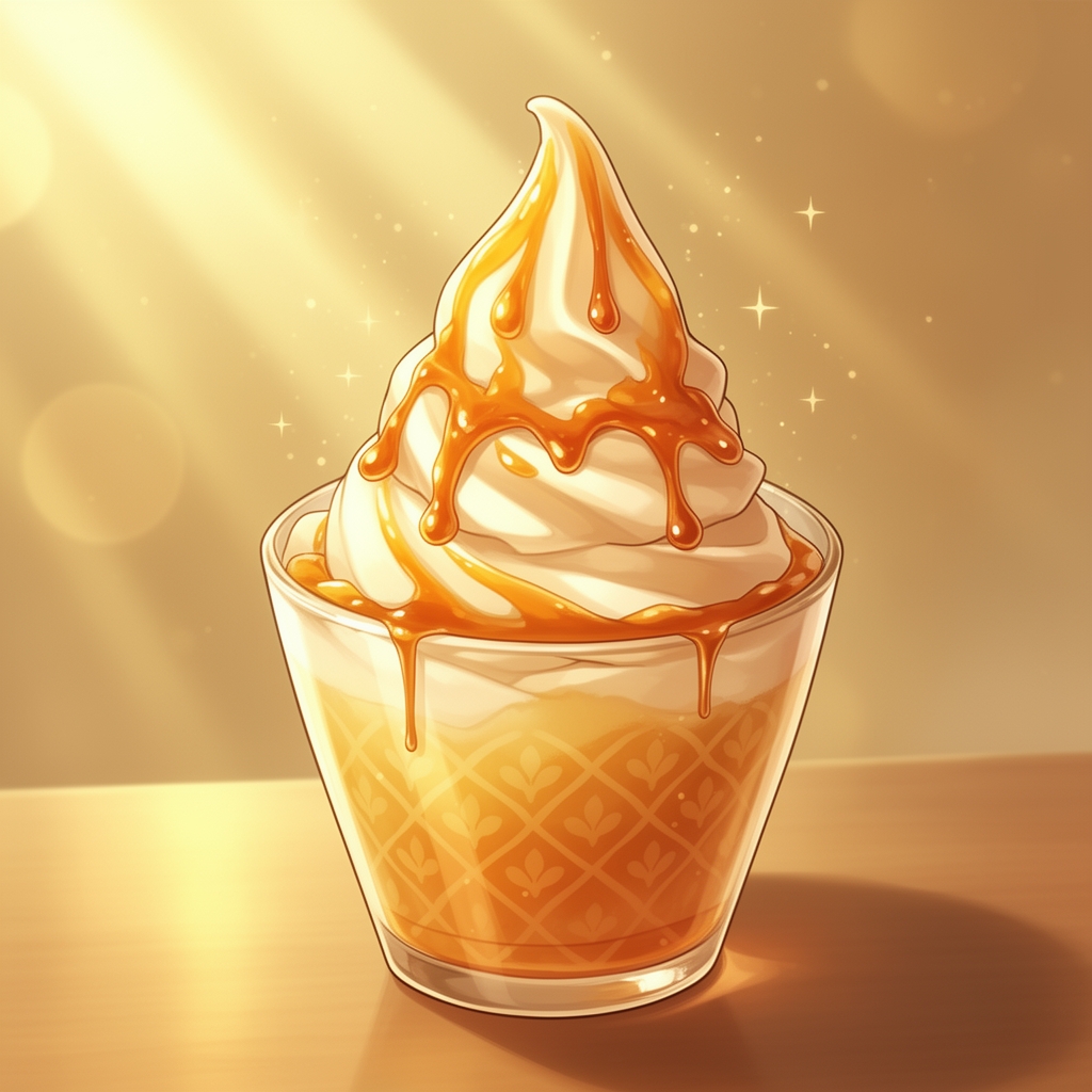 کاراملی / عسلی
بستنی لطیف با رنگهای طلایی و سفید،
درون لیوانی با طرحهای گرم،
با تزئین سس کارامل که شیرینی و لطافت را به تصویر میکشد.
پسزمینهای از پرتوهای طلایی،
حس آرامش و دلگرمی را القا میکند.
5