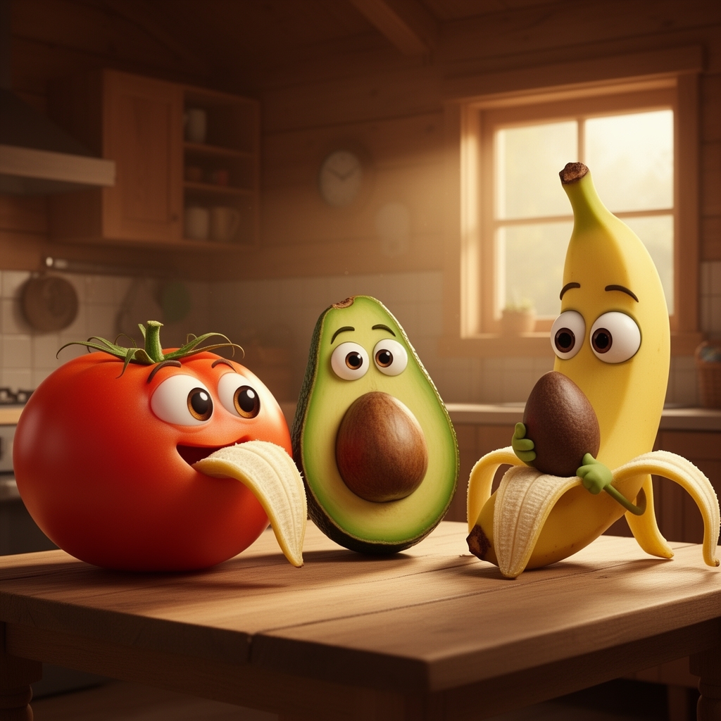 عکس یک گوجه که داره با چشمای درشت به دوربین نگاه میکند و کنار میز ایستاده و دارد گوجه خورد می کند و یک موز هم به دوربین نگاه میکند با چشم ها درشت و دارد موز میخورد که در یک خانه چوبی زندگی میکنند و در اشپز خانه اند و یک اواکادو که هسته اواکادو در دست دارد انجا هستند و اواکادو دارد به هسته نگاه میکند0