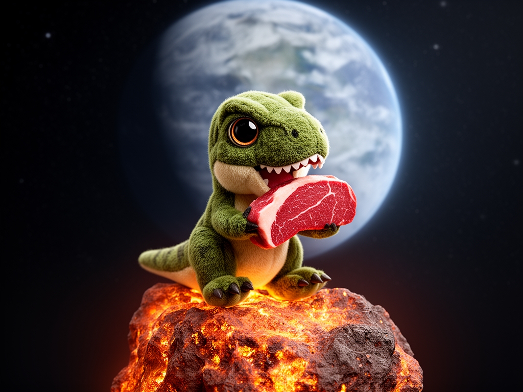    یک تیرکس کوچولو ناز که روی شهاب سنگ  نشسته و پشتش سیاره زمینه و داره استیک میخوره1