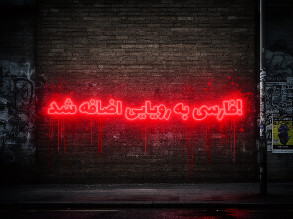 یه دیوار توی خیابون که روش با اسپری قرمز پر رنگ به سبک گرافیتی نوشته: *فارسی به رویایی اضافه شد!*. افکت خفن داشته باشه.0