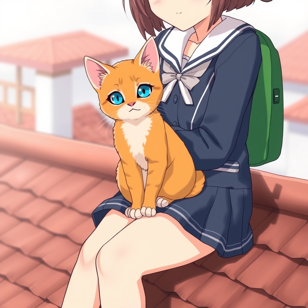 یک گربه کوچک نارنجی مرموز با چشمان آبی درخشان، نشسته روی پا های یک دختر زیبا ی کره ای که یونی فرم مدرسه پوشید و در پشت بام مدرسه نشسته 7